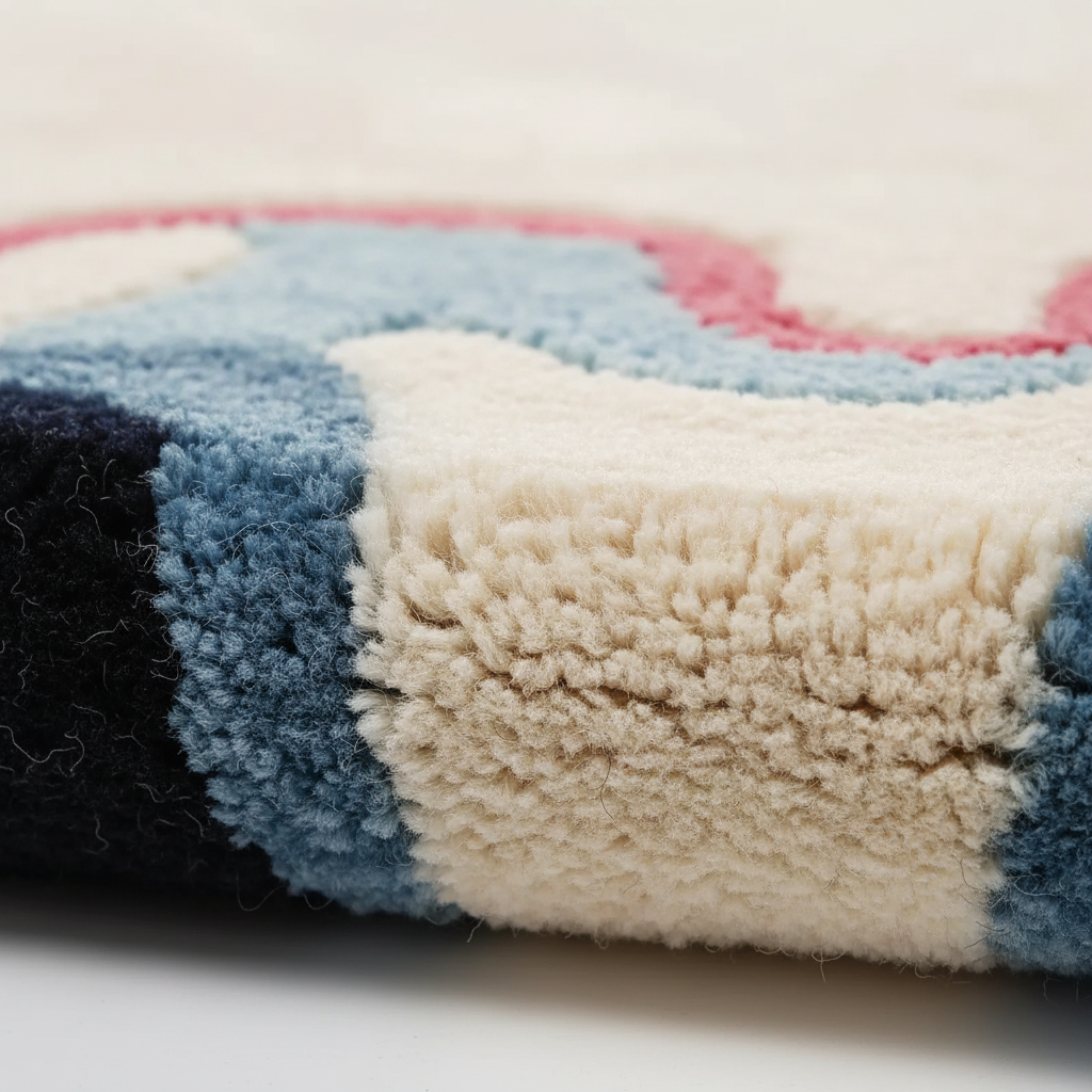 Close-up of a plush, high-pile rug with a chunky, looped texture. The visible portion features a geometric pattern in cream, dusty blue, light blue, pink, and black, resting on a white surface.