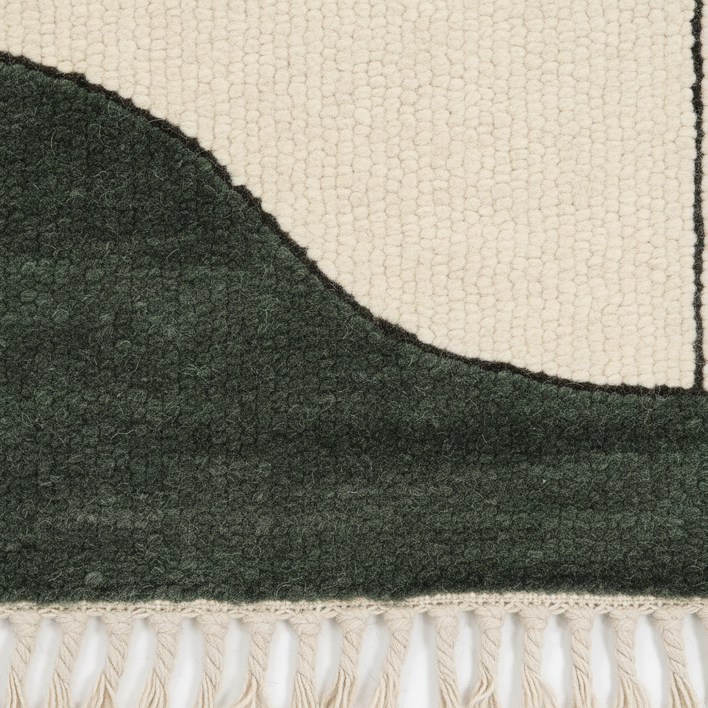 Close-up of a textured woven rug corner showing a dark forest green section, a warm cream section, and cream fringe along the bottom edge.