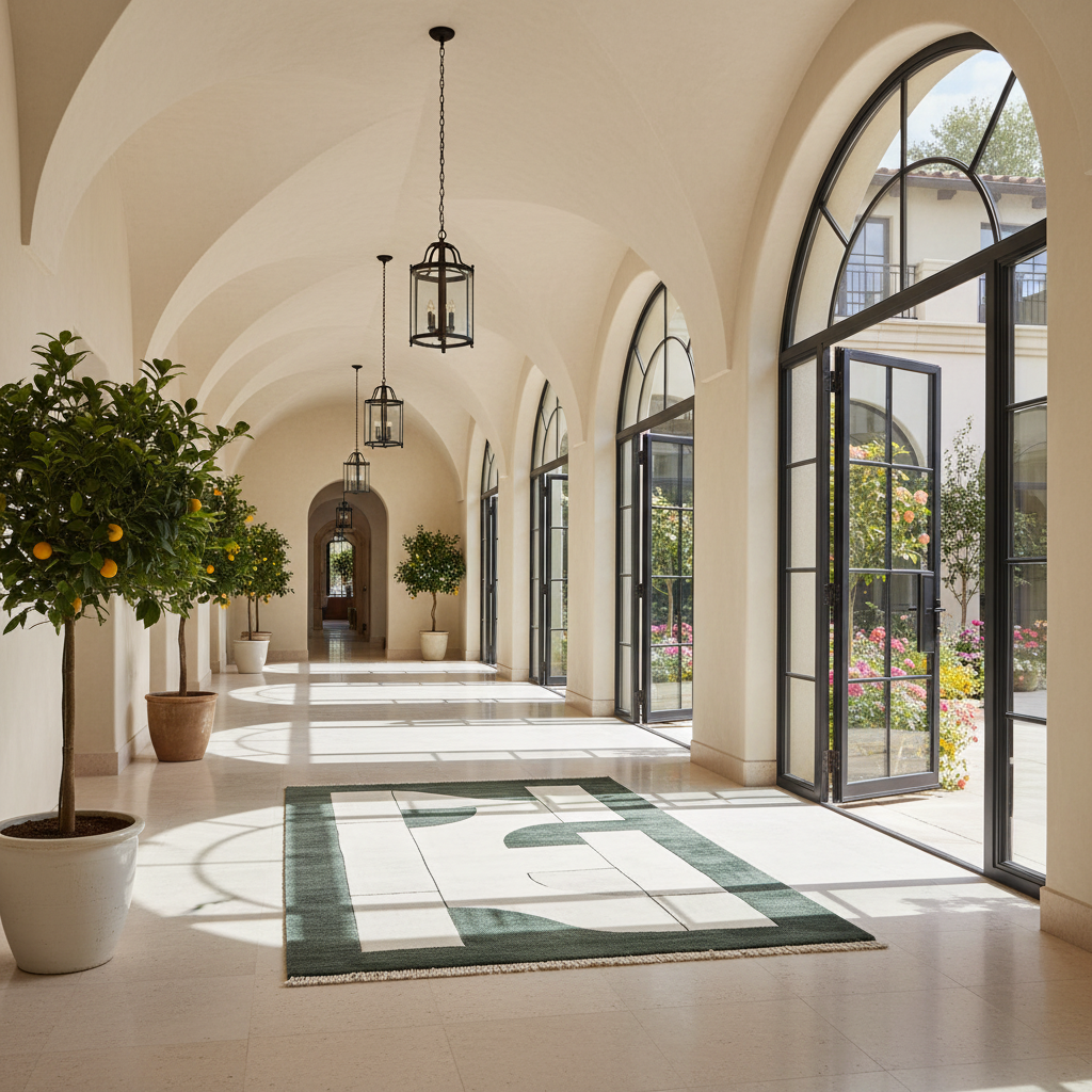 A long, sunlit architectural corridor with arched windows and hanging lanterns, featuring a green and cream geometric area rug on the floor, potted citrus trees, and a garden visible outside the glass doors.