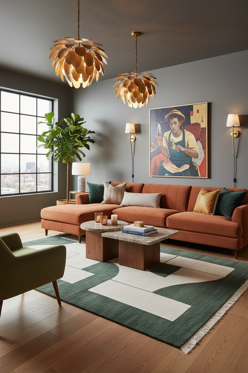 A styled living room interior featuring a terracotta orange sectional sofa, a green and white geometric area rug, a marble-top coffee table, a green armchair, two large flower-shaped pendant lights, and a framed painting on a gray wall.