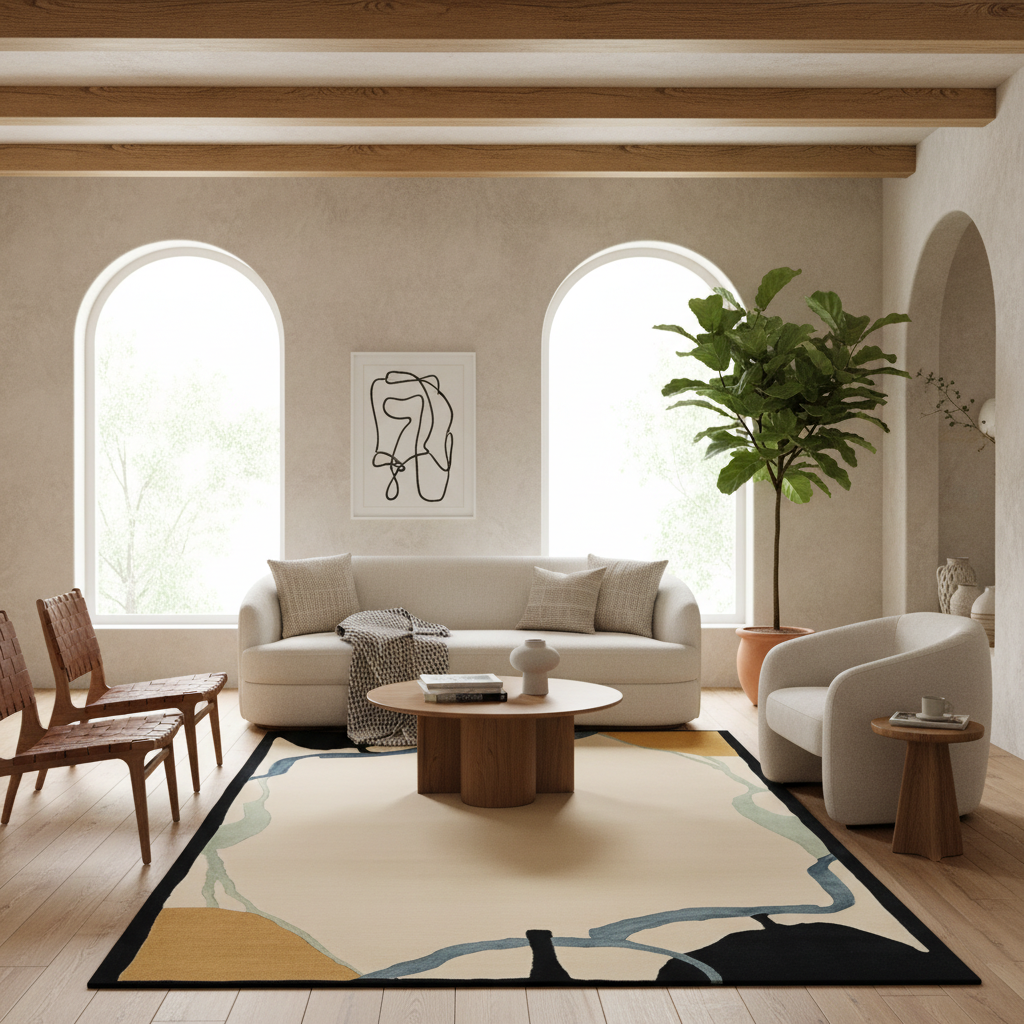 A modern living room featuring a large abstract area rug with beige, black, mustard yellow, and light blue shapes, styled with a cream sofa, wooden coffee table, chairs, and a potted fiddle-leaf fig tree.