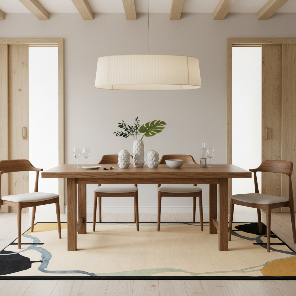 A modern dining room scene with a rectangular wooden dining table and four matching chairs, styled with glassware, vases, and a leafy branch. The room has light wood ceiling beams, a large drum pendant light, and a colorful abstract area rug.