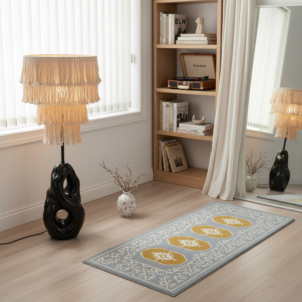 A rectangular area rug with a light blue-gray border and three mustard yellow geometric medallions, styled on a light wood floor in a bright room with a black sculptural table lamp, a wooden bookshelf, and a mirror.