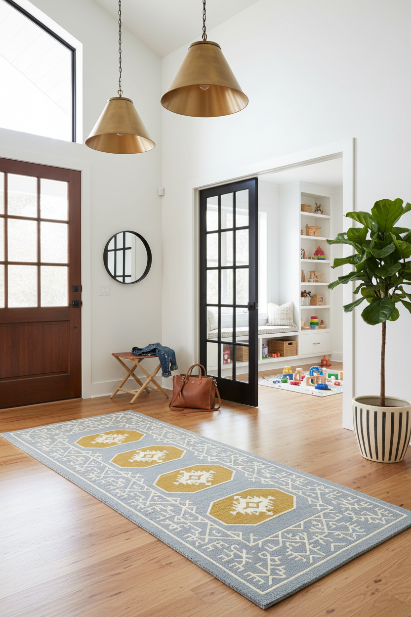 Living room with a patterned blue rug, wooden floor, and decorative elements.