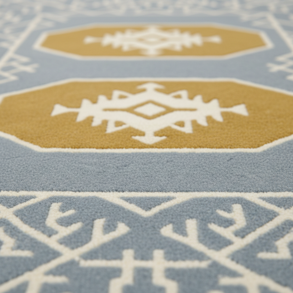 Close-up of a patterned area rug with a light blue base, mustard yellow geometric medallions, and off-white tribal-style motifs.