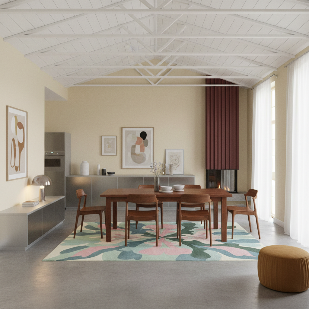A modern dining room scene with a wooden dining table and six matching wooden chairs placed on a large abstract patterned rug. The room has cream walls, a white paneled ceiling with exposed trusses, a built-in kitchen area, framed wall art, sheer curtains, and a round mustard ottoman in the foreground.