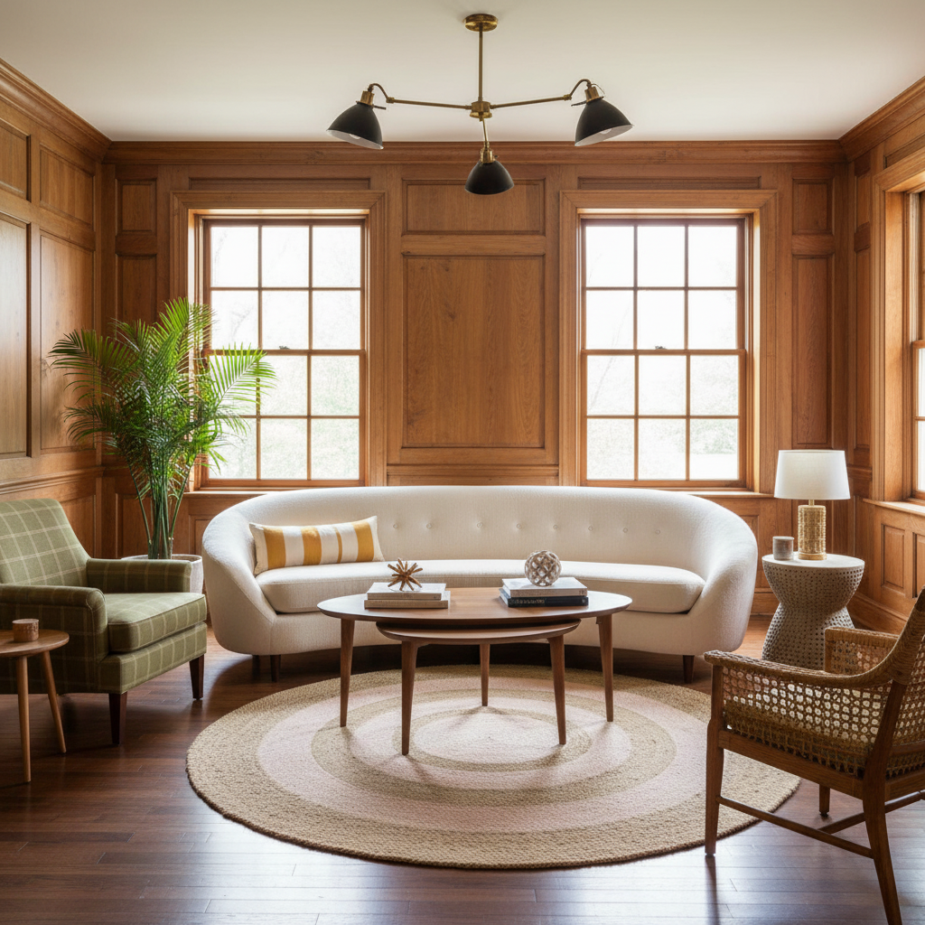A beautifully styled mid-century modern living room featuring a white tufted sofa, a green plaid armchair, a woven cane chair, a round jute rug, and warm wood paneling on the walls.