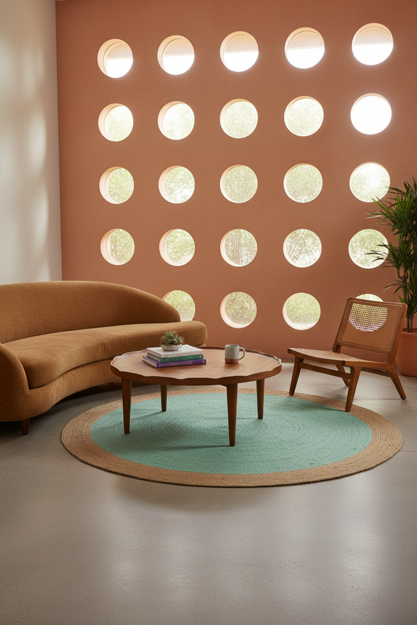 A styled mid-century modern living room featuring a terracotta wall with circular cutouts, a curved tan sofa, a wooden coffee table, a woven chair, and a round rug in mint green and natural jute.