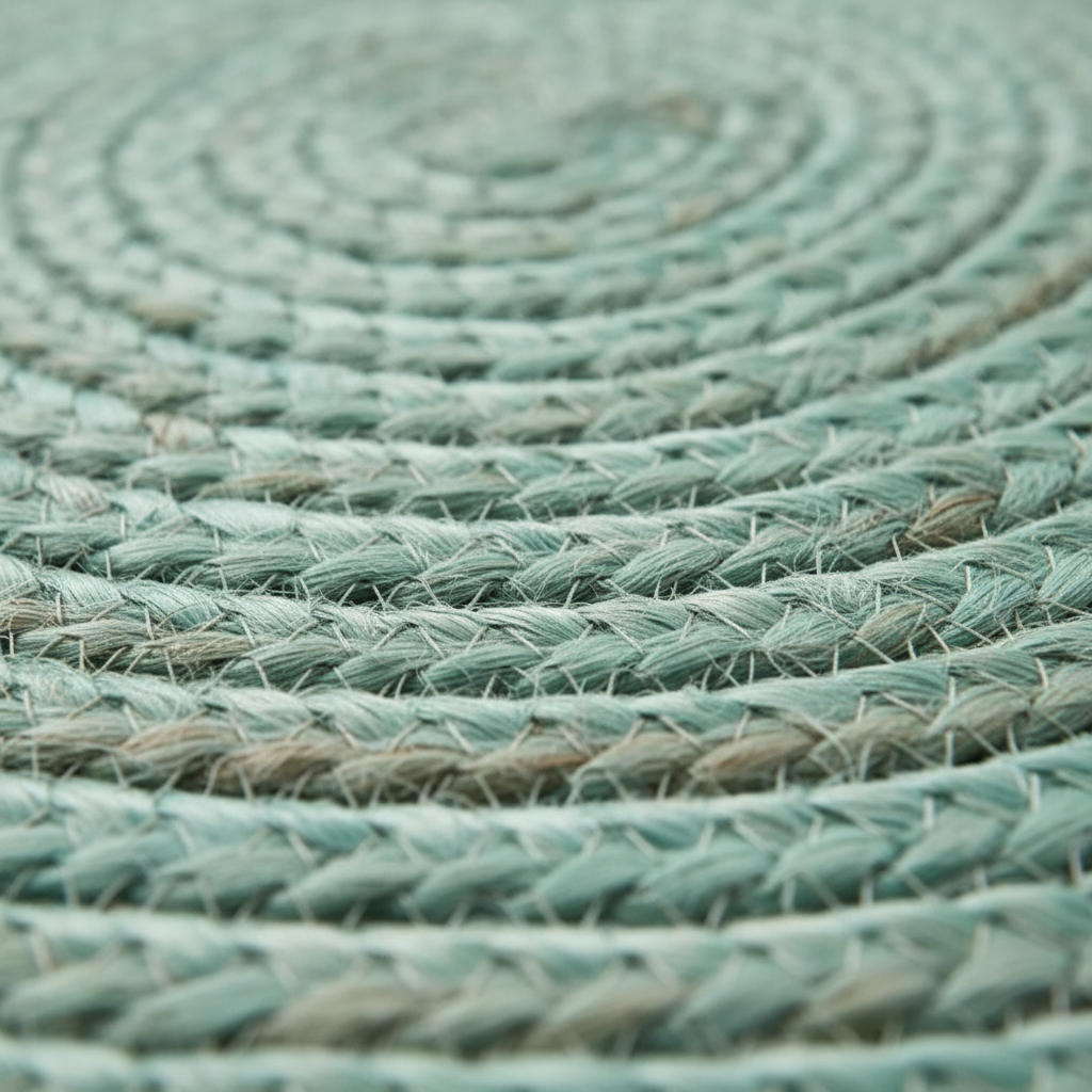A close-up of a round braided rug in a muted sage green color, showing the detailed texture of the woven fibers.