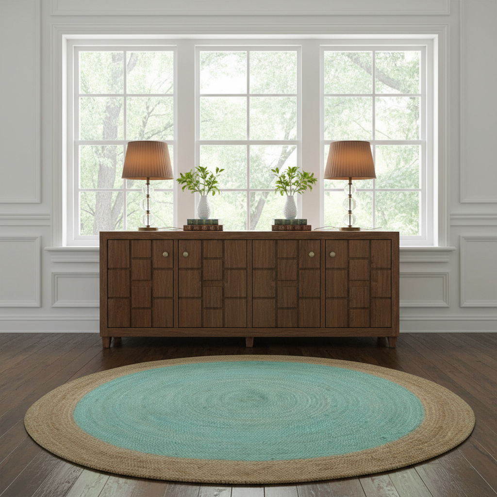 A round area rug with a turquoise center and natural jute border, styled on a dark wood floor in front of a mid-century modern wooden credenza with lamps and plants.