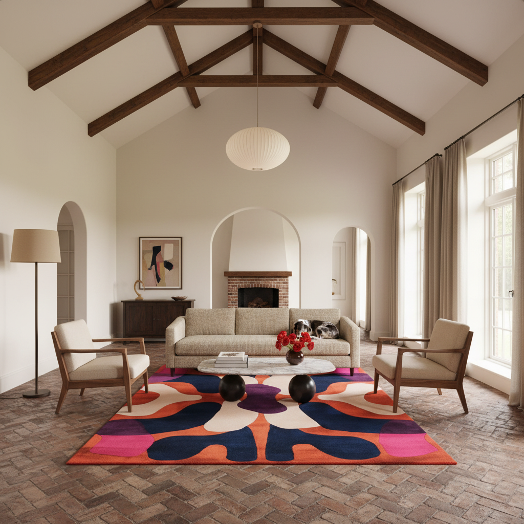 A large, vibrant abstract area rug in a modern, high-ceilinged living room with wood beams, a brick fireplace, and mid-century style armchairs.