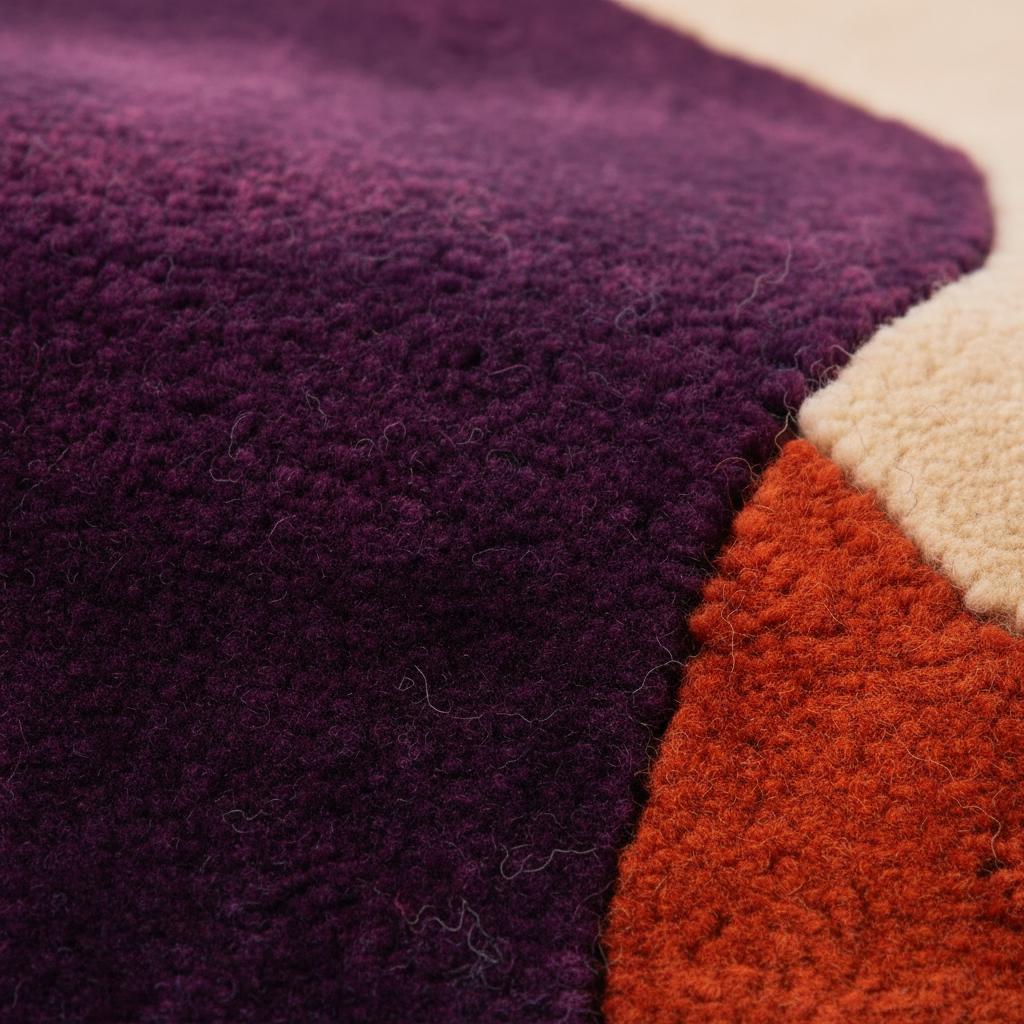 Close-up of a textured area rug with a color-blocked design, featuring a large deep purple section, a warm rust-orange section, and a cream section.