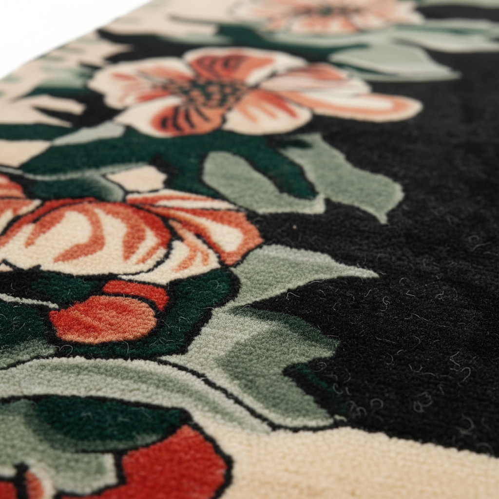 Close-up of a floral area rug with cream, coral, and sage green flowers on a black background.