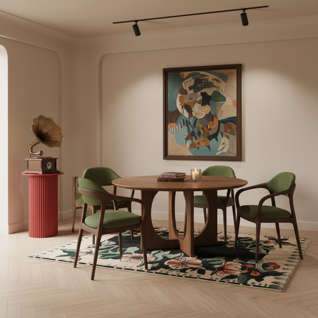 A styled dining room scene featuring a round wooden table and four green upholstered chairs on a floral rug, with a framed abstract painting on the wall and a vintage gramophone on a red pedestal.