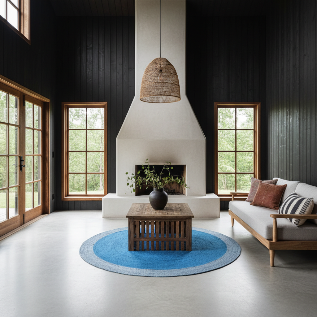 A modern living room with black wood paneled walls, large windows, a white chimney, a woven pendant light, a gray sofa with brown and striped pillows, a wooden coffee table, and a bright blue circular rug.
