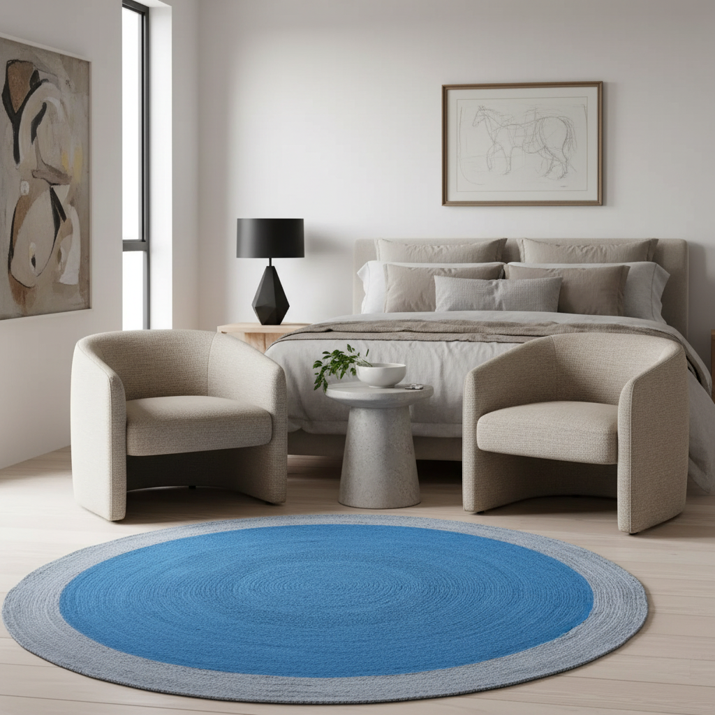A modern bedroom scene with a large round area rug in blue and gray, two beige armchairs, a small round side table with a plant, a black table lamp, and a bed with neutral bedding. Framed wall art hangs on the light walls.