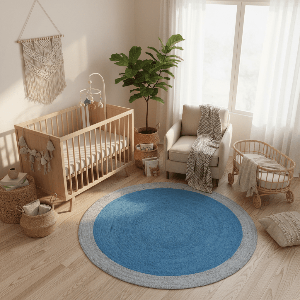 Two Toned Blue Round Jute Rug