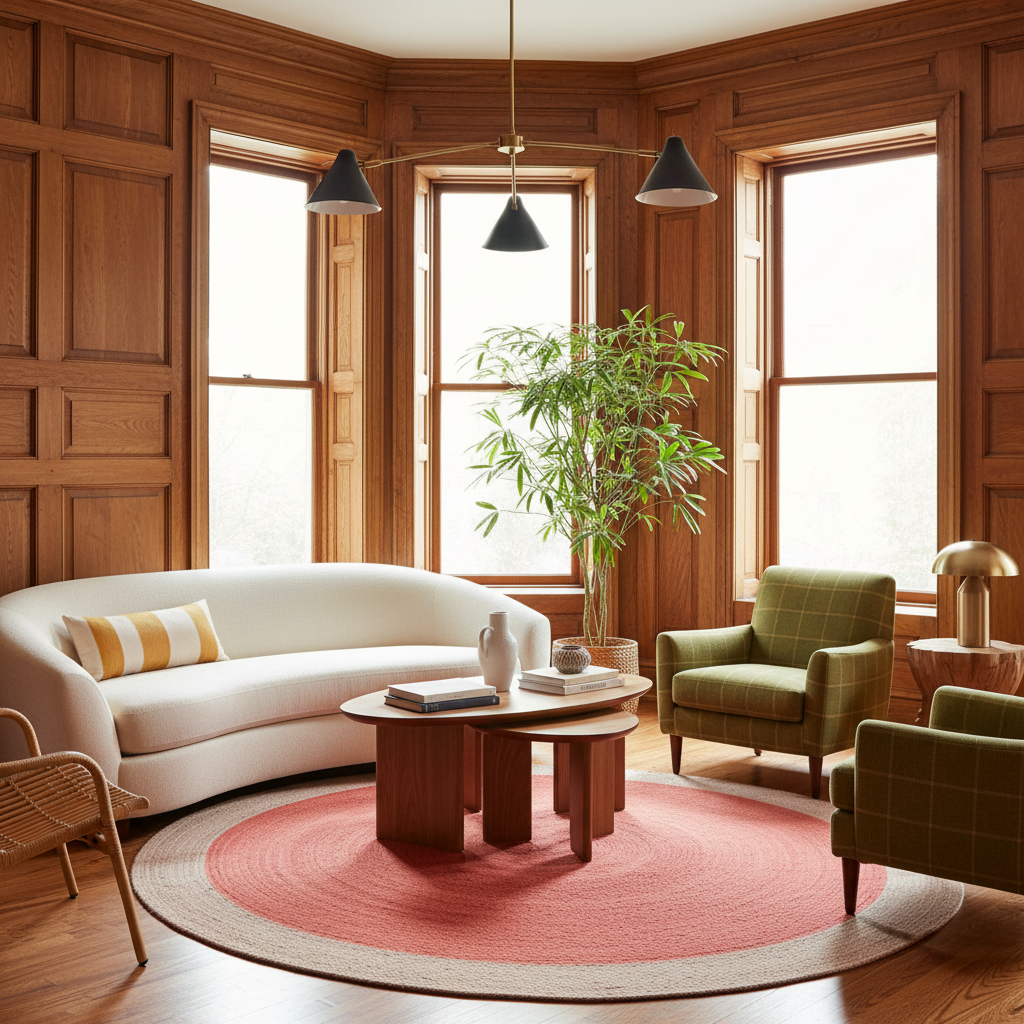A beautifully styled sunroom corner with warm wood-paneled walls, featuring a curved white sofa with a yellow striped pillow, two green plaid armchairs, a round pink and beige area rug, and a central wooden coffee table with a potted bamboo plant.