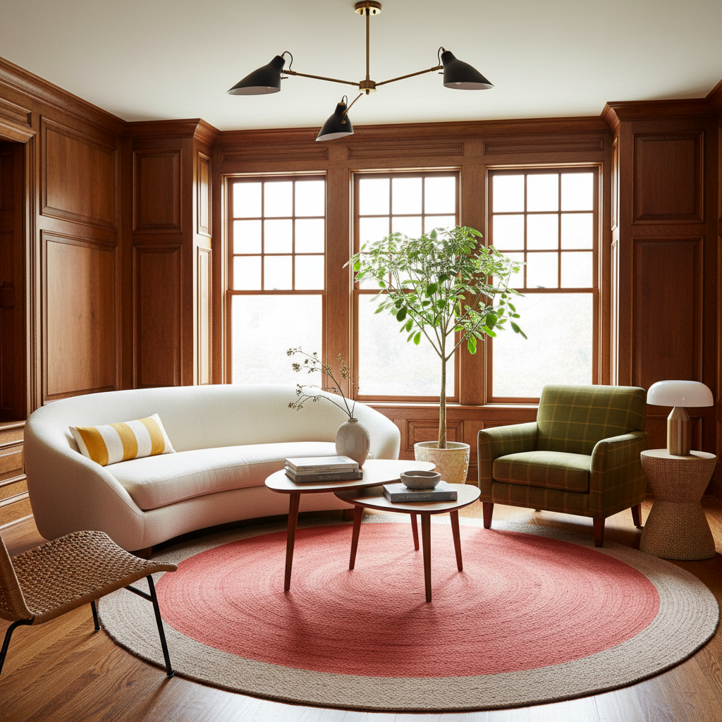 A beautifully styled living room featuring a curved white sofa with a yellow and white striped pillow, a green plaid armchair, a round pink and beige woven area rug, and a central wooden coffee table with a potted plant.