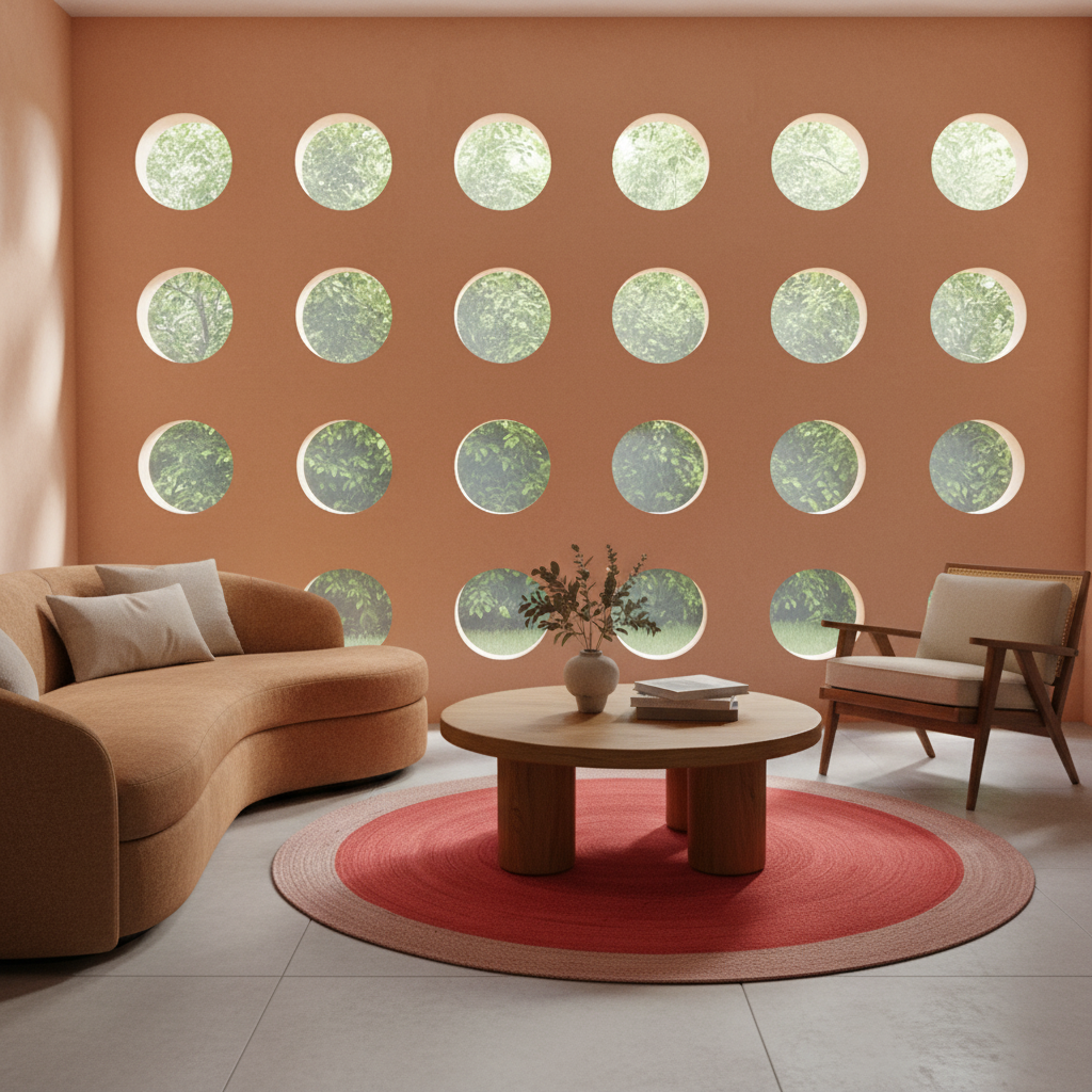 A modern living room with a curved tan sofa, a wooden armchair, a round coffee table, and a red circular rug. The wall features a grid of circular cutouts showing green foliage outside, set against a warm terracotta background.