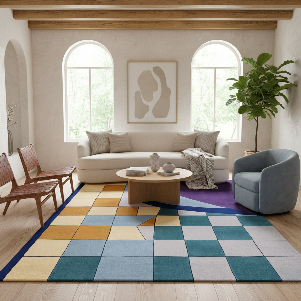 A modern living room featuring a large geometric checkered area rug in shades of teal, mustard yellow, light blue, and gray. The room is styled with a cream-colored sectional sofa, a round wooden coffee table, a light blue accent chair, and a potted fiddle-leaf fig plant.