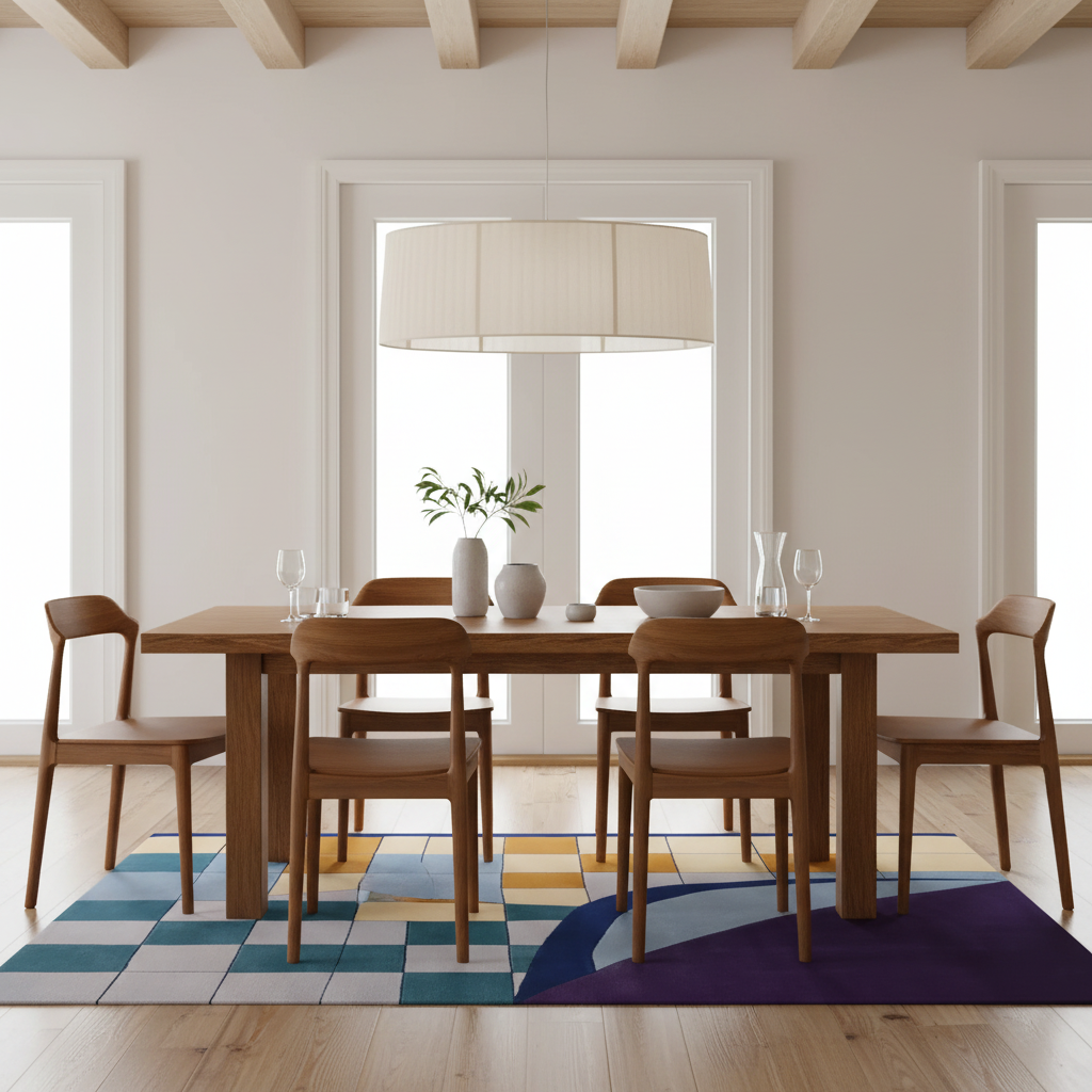 A modern dining room scene with a rectangular wooden dining table and four matching wooden chairs arranged on a colorful geometric area rug. The room has light wood floors, white walls, large windows, and a large drum pendant light overhead.