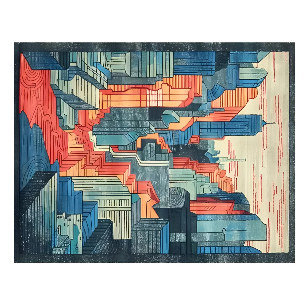 An abstract geometric artwork depicting stylized skyscrapers and architectural forms in layered blocks of blue, teal, coral red, orange, cream, and dark charcoal, presented as a square print or canvas against a white background.