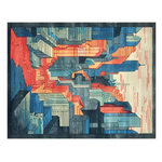 An abstract geometric artwork depicting stylized skyscrapers and architectural forms in layered blocks of blue, teal, coral red, orange, cream, and dark charcoal, presented as a square print or canvas against a white background.