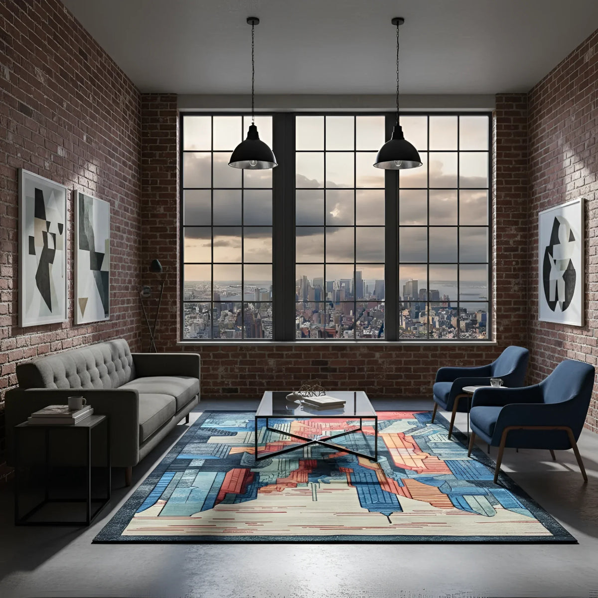 Modern living room with a large window view, colorful rug, and stylish furniture.
