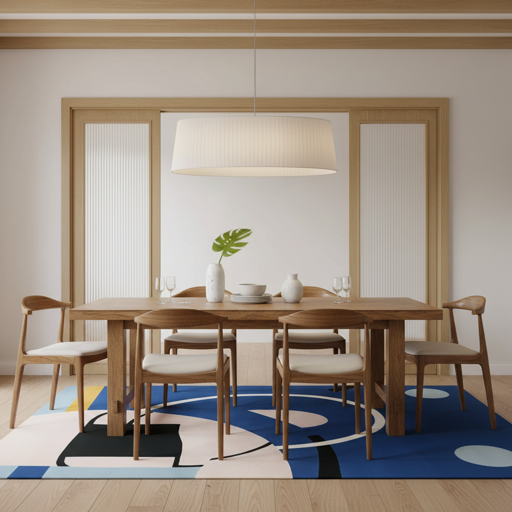 A modern dining room setup featuring a light wood dining table and six matching chairs with cream cushions, arranged on a blue and white abstract patterned rug. A large white pleated drum pendant light hangs above the table, and a vase with a green leaf sits in the center. The background consists of a warm beige wall and a large light wood sliding screen door.