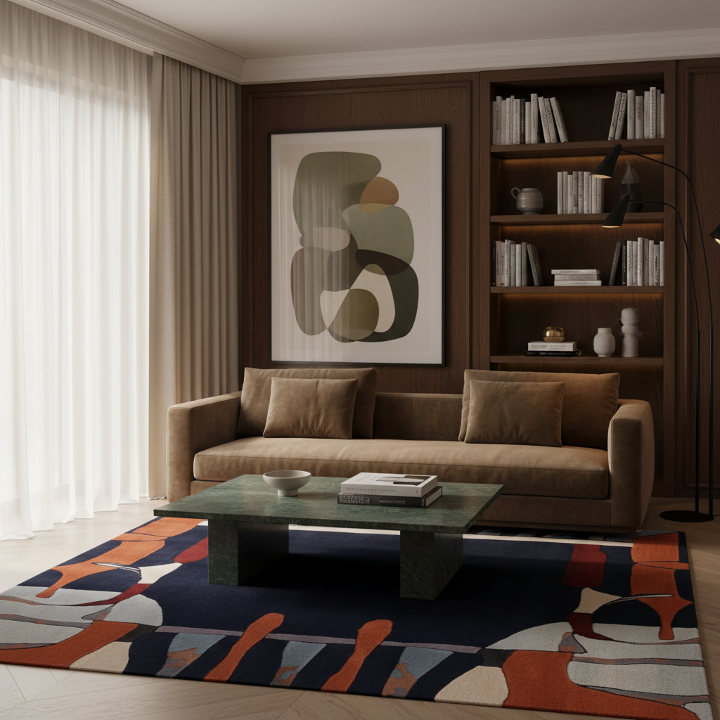 A styled living room interior featuring a brown fabric sofa, a green glass coffee table, a large abstract wall art print, and a bold geometric area rug in navy, orange, beige, and gray tones.