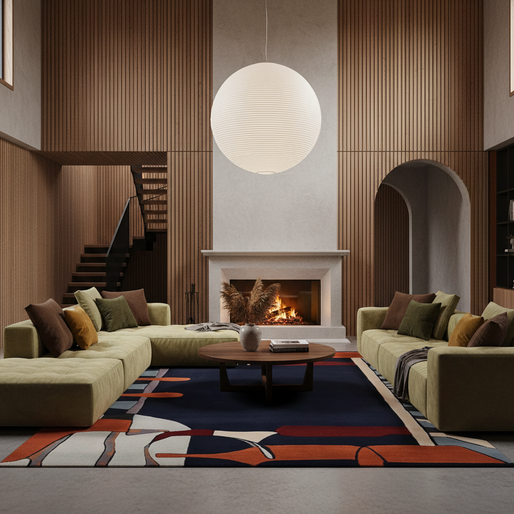 A modern living room with two olive green sectional sofas arranged around a dark blue and orange abstract area rug. A round wooden coffee table sits in the center, with a white fireplace and a large white paper lantern pendant light above. The room features warm wood slat paneling on the walls.