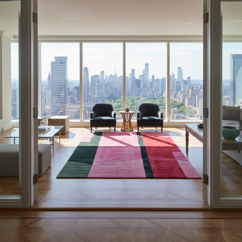 A modern living room with a large geometric area rug in pink, red, and green tones, positioned on a light wood floor in front of floor-to-ceiling windows with a city skyline view.