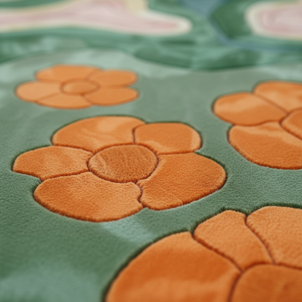 Close-up of a plush fabric surface with large orange flower motifs on a muted green background.
