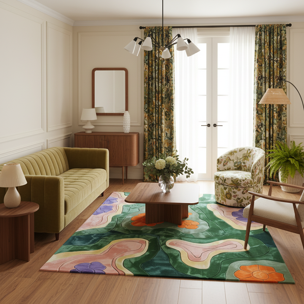 A styled living room featuring a large abstract area rug with green, pink, orange, and blue organic shapes on a wood floor. The room includes a green ribbed sofa, a floral armchair, a wooden coffee table, and green patterned curtains.
