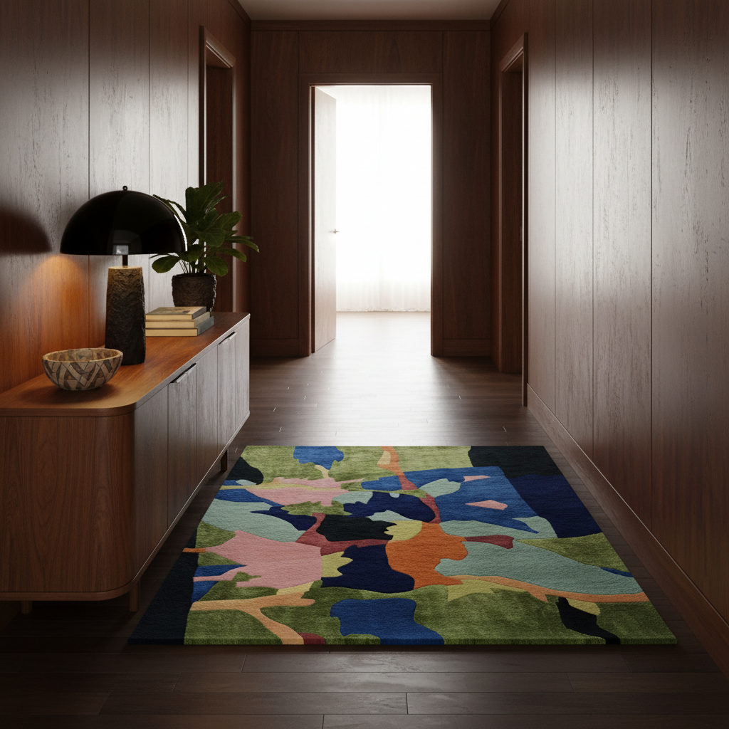 A colorful abstract area rug with green, blue, pink, and orange shapes, placed on a dark wood floor in a modern hallway with wood-paneled walls.