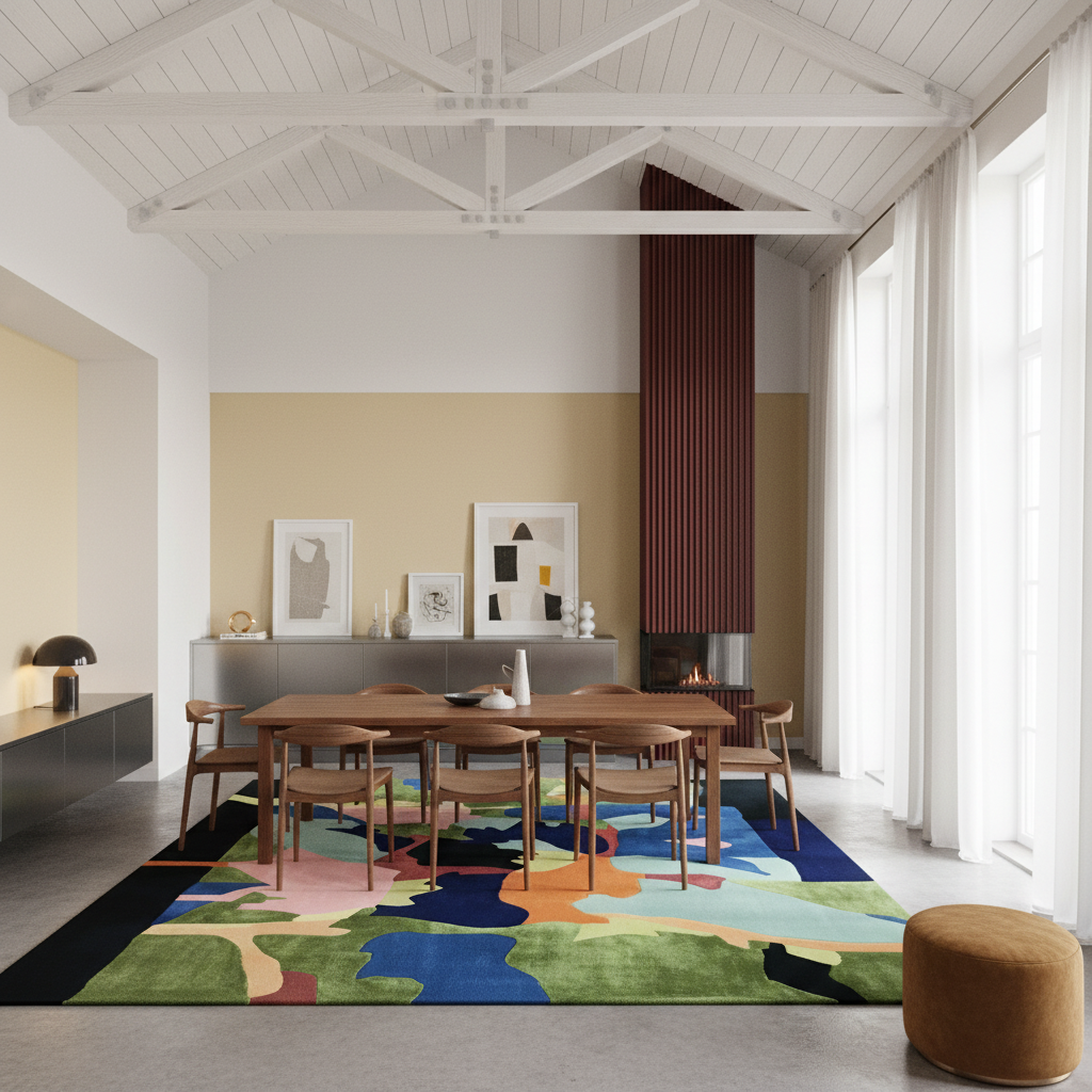 A large abstract area rug with a multicolor landscape-like pattern in blue, green, orange, yellow, and black, styled in a modern dining room with a wooden dining table and chairs.
