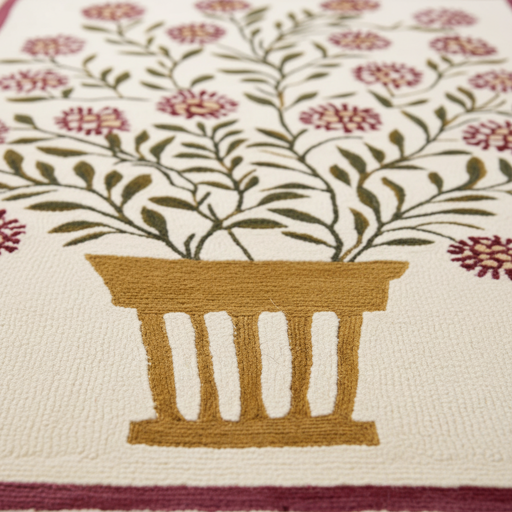 Close-up of a woven textile or rug featuring a gold pot with olive green leafy stems and burgundy flowers on an off-white background.