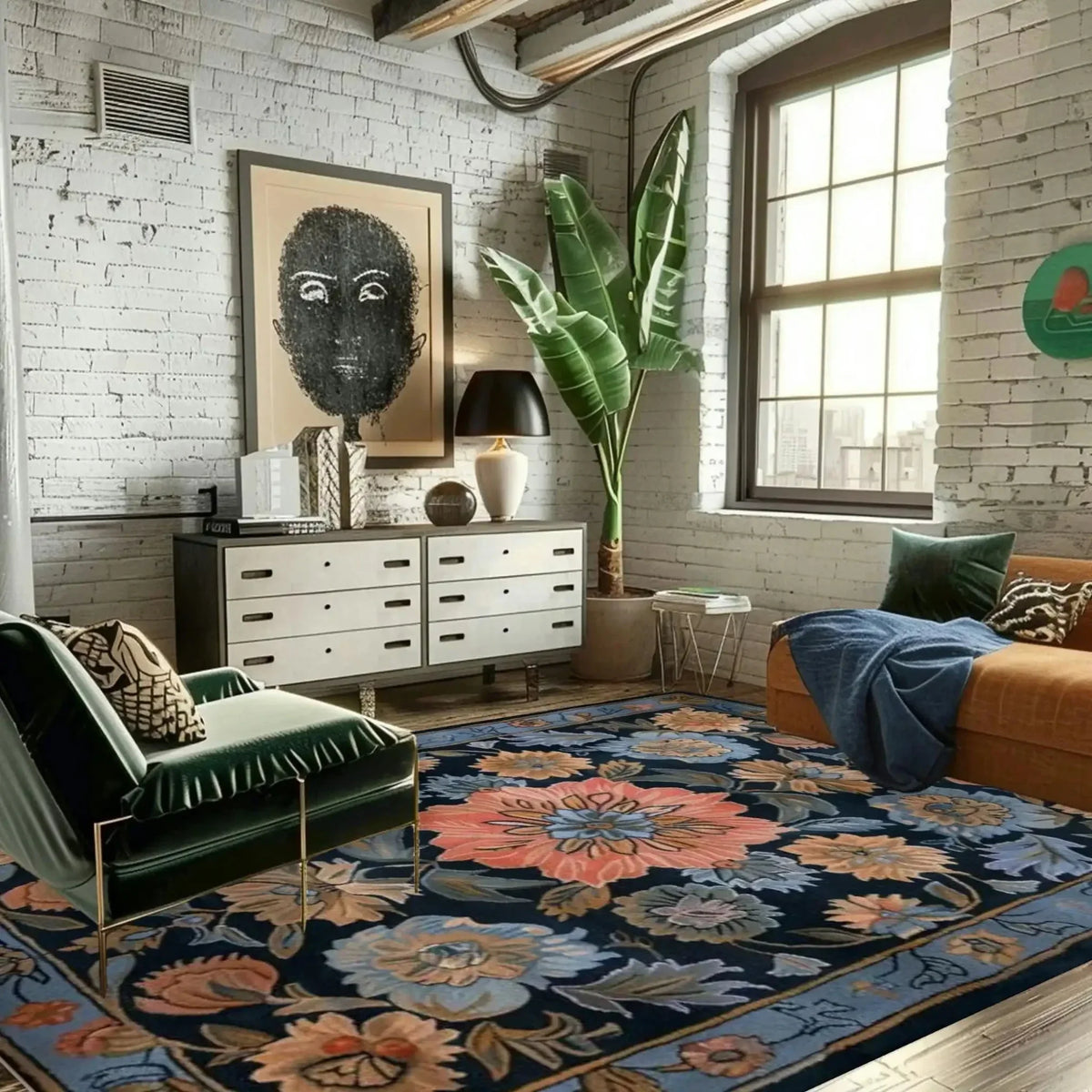Living room with floral rug, green chair, and white brick walls