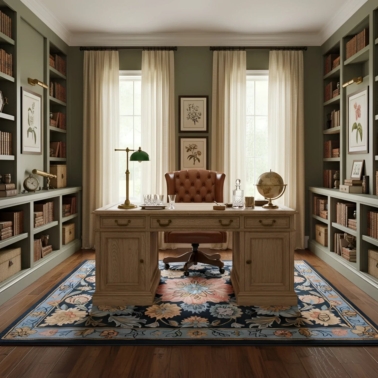 Home office with wooden desk, a floral wool rug, bookshelves, and decorative elements.