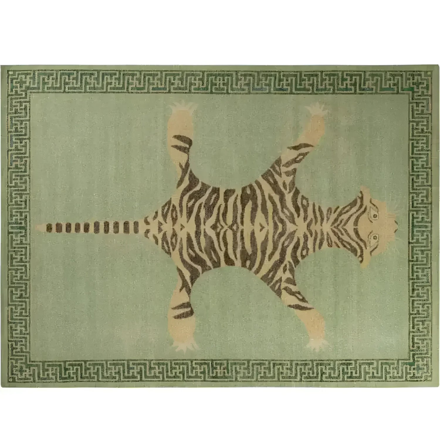 Vintage Green Hand Knotted Tiger Wool Rug