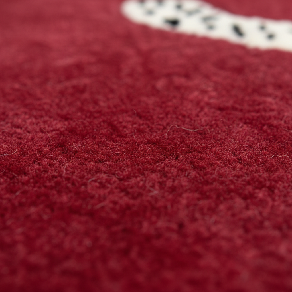 Close-up of a plush red carpet or rug texture with a small white section and black speckles visible in the upper right corner.