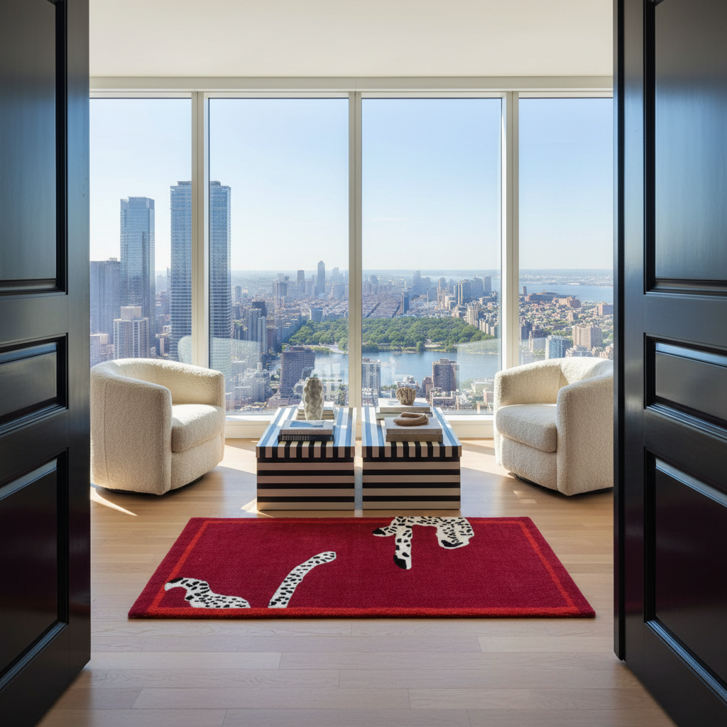 A red rectangular area rug with black and white leopard print motifs is styled in a modern living room setting with two cream armchairs and a striped coffee table, set against a large window overlooking a city skyline.