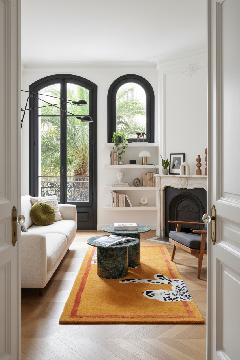 Living room with white sofa, coffee table, and decorative rug.