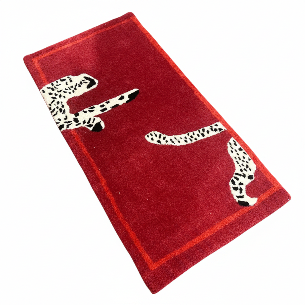 Red rug with white paw prints on a white background
