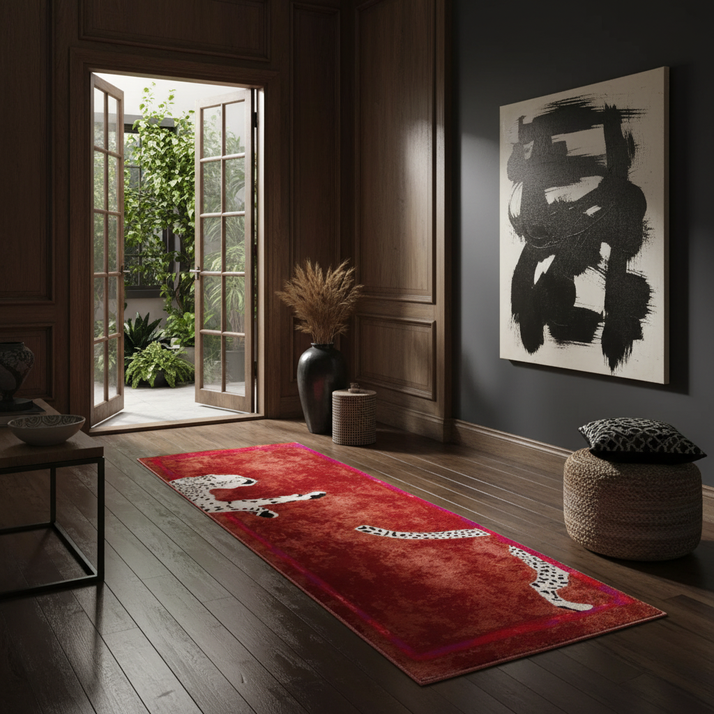 A long red area rug with white leopard prints is displayed in a dark, elegant room with wood paneling, a dark gray wall, and an open door leading to a green garden courtyard.