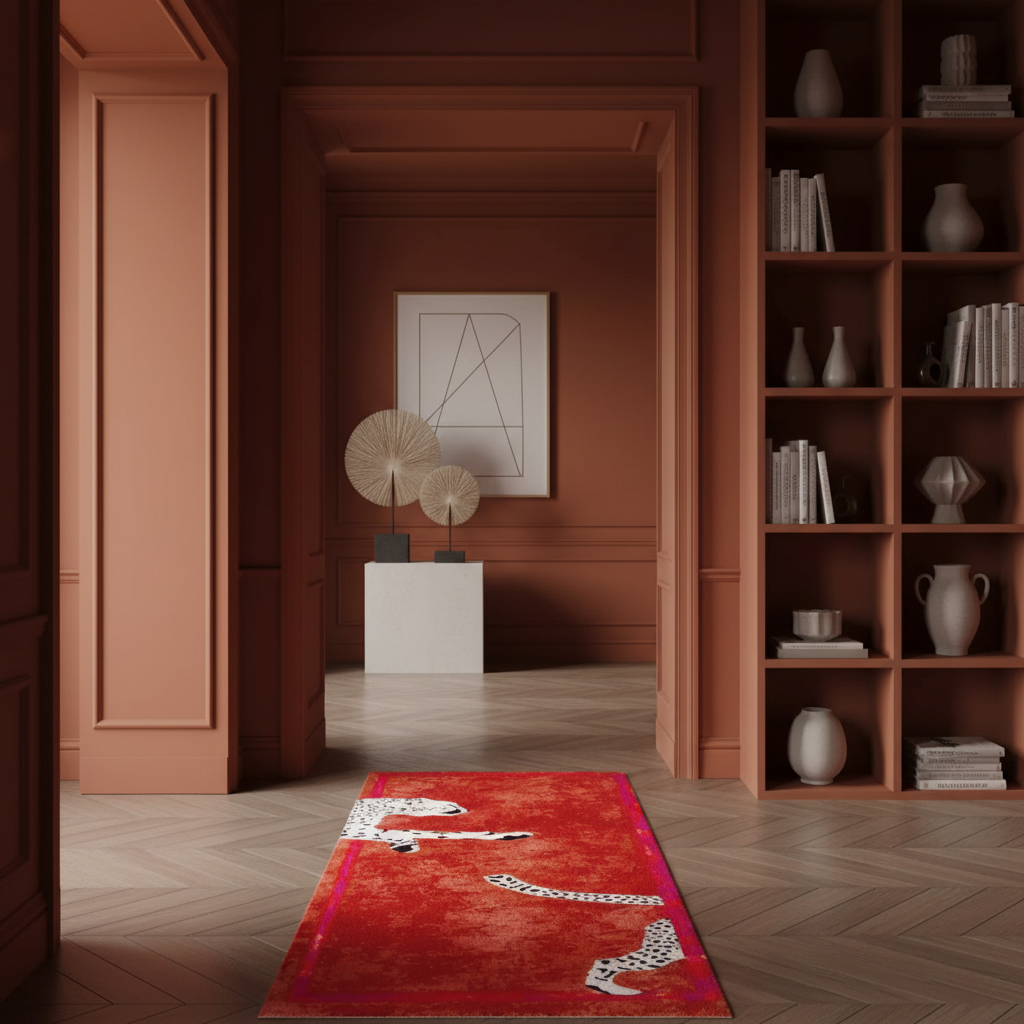 A long red runner rug with a leopard print pattern is displayed on a herringbone wood floor in a warm, modern interior with terracotta walls and built-in bookshelves.