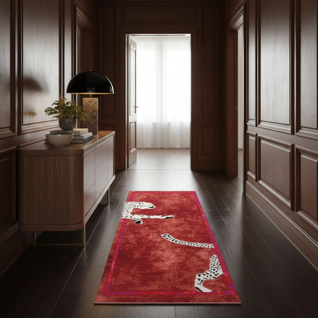 Walking Wild Cat Leopard on Silk Road Hand Tufted Wool Rug - Red