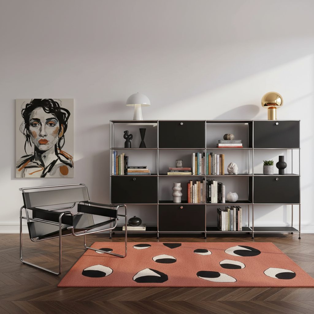 A modern living room scene with a large black and white geometric patterned area rug on a dark wood floor, a black metal lounge chair, a black shelving unit with books and decor, and a framed portrait painting on the wall.