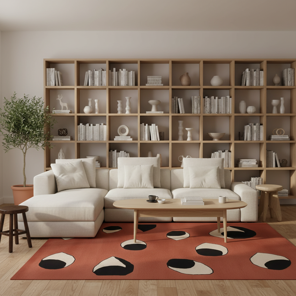 A modern living room setup featuring a large white sectional sofa, a light wood coffee table, a rust-orange area rug with black and cream abstract spots, and a massive light wood bookshelf filled with books and decorative objects in the background.